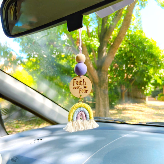 Yellow and Purple Macrame Rainbow Car Diffuser with Bible Verse hanging charm