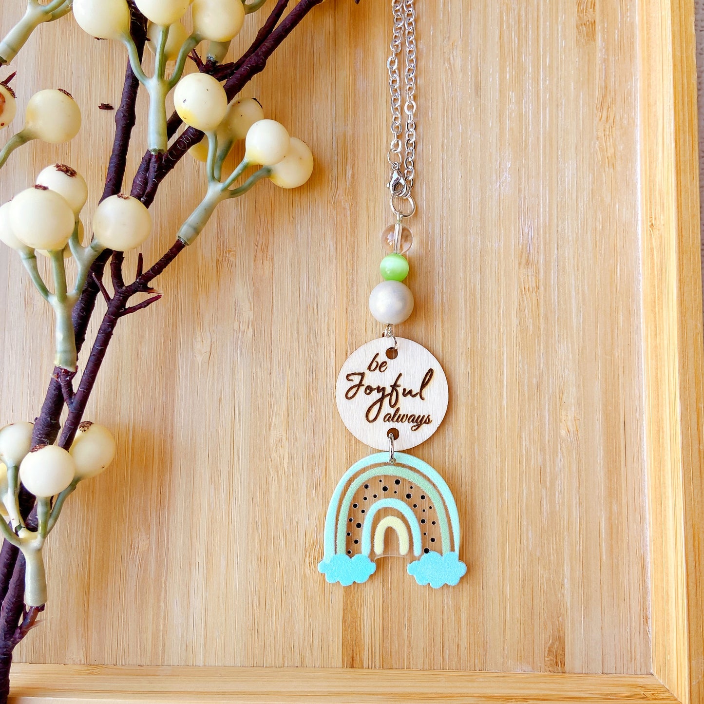 Soft Grey & Pink Boho Rainbow Bible Message Car Hanging Charm