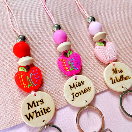 Red and Pink Apple Personalized Name Teacher ID Key Lanyard