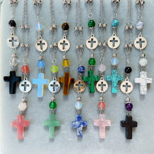 Natural Stone Cross Beaded Hanging Car Charm - Rose Quartz, Tiger Eye Stone