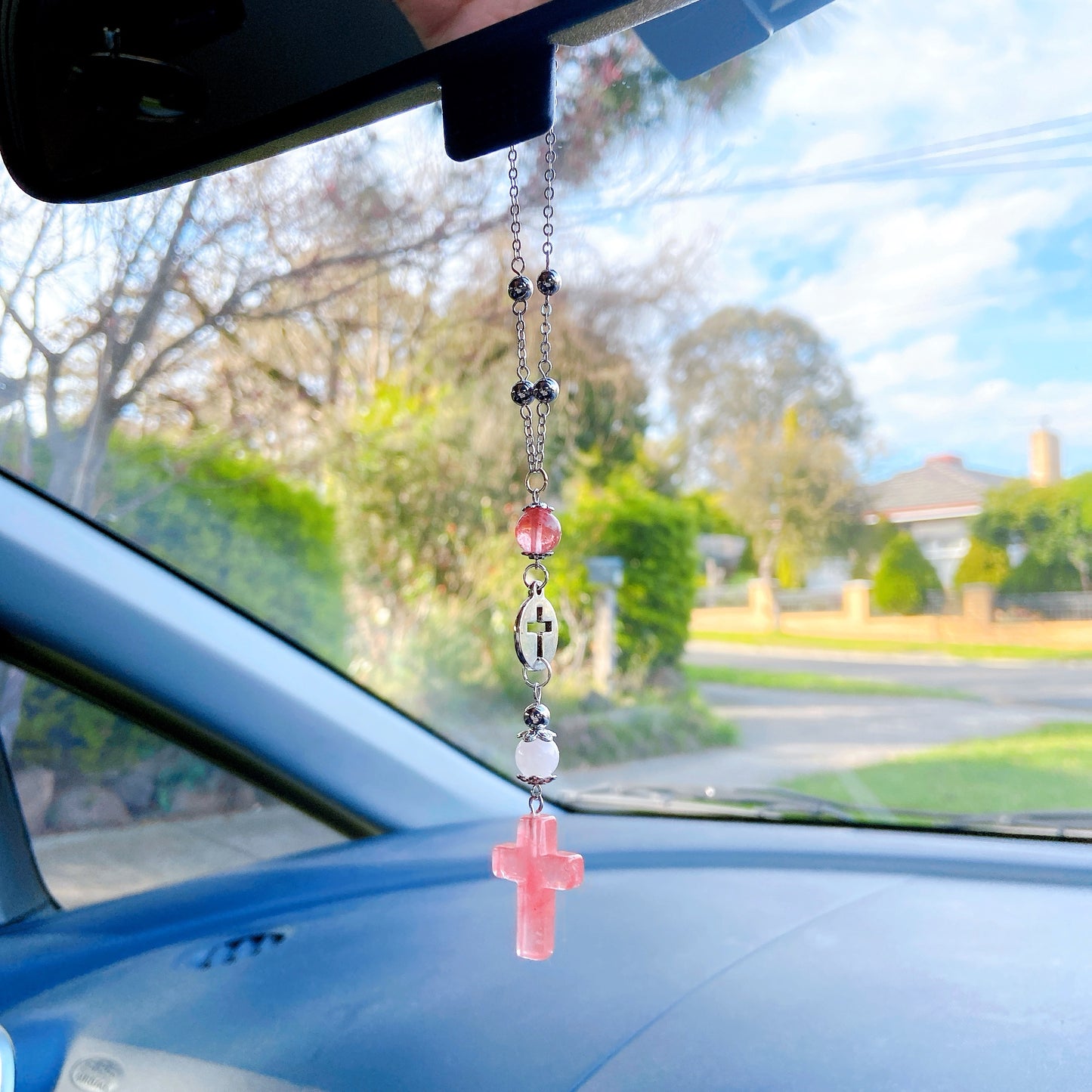 Natural Stone Cross Beaded Hanging Car Charm - Aventurine, Malachite, Onyx, Sandstone