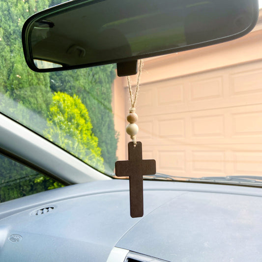 Large Wooden Cross Essential Oil Car Rear Mirror Hanging Charm