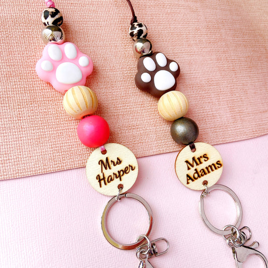 Animals Paw Print Personalized Name Teacher ID Key Lanyard