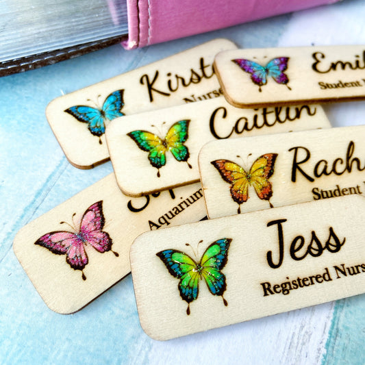 Personalized Butterfly Name Badge – Custom Wooden Name Tag for Nurses, Teachers & Staff