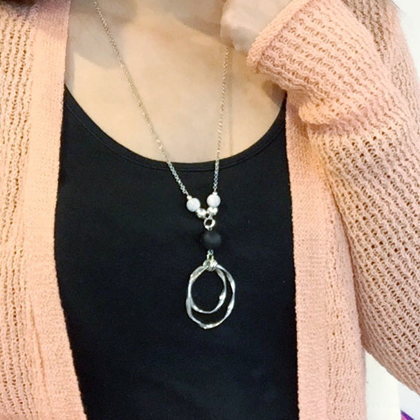 Modern Silver Circle Pendant Necklace | Marble Clay Stone Statement Necklace | Minimalist Handmade Jewellery