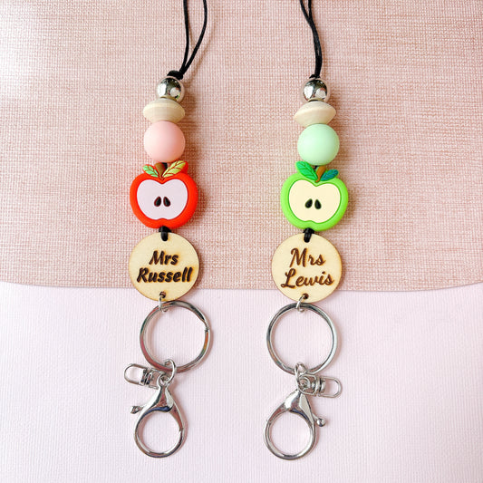 Red or Green Apple Personalized Name Teacher ID Key Lanyard