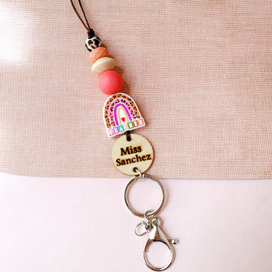 Personalized Teacher Lanyard with Rainbow Charm & Wood Name Tag