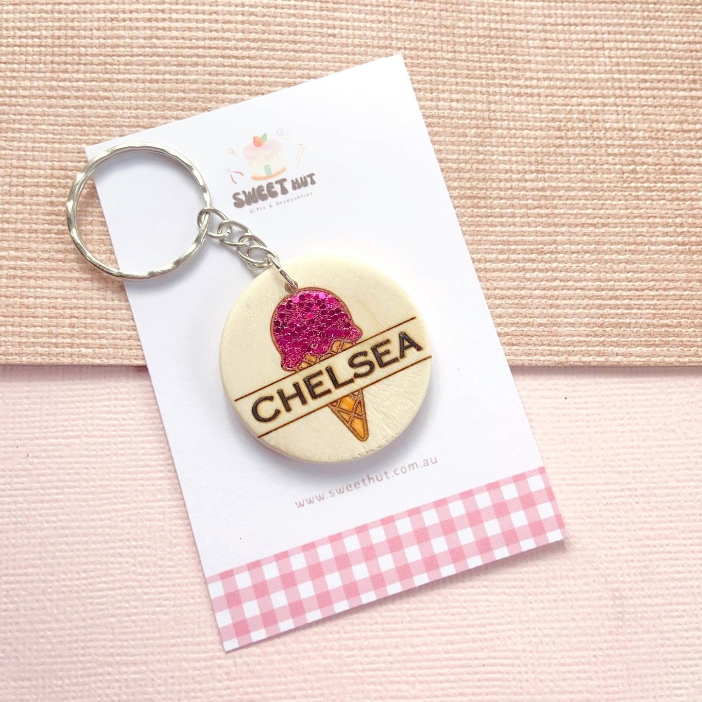 Personalized Ice Cream Keychain with Glitter Scoop & Custom Name Engraving