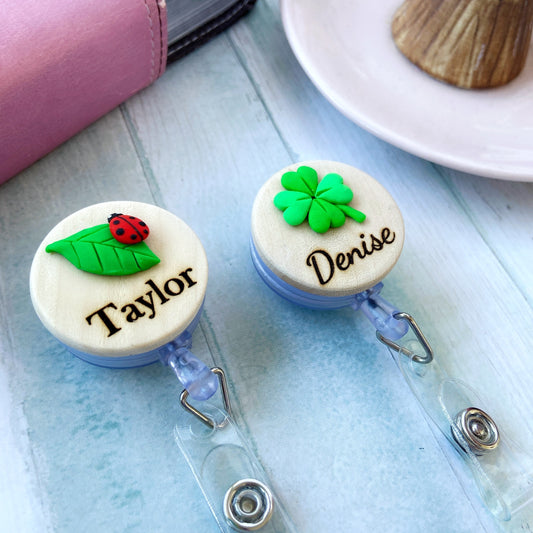 Handmade 3D Ladybug with Leaf Personalized Name Badge Reel