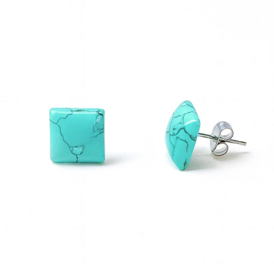 Blue Turquoise 10mm Square Natural Stone Earrings