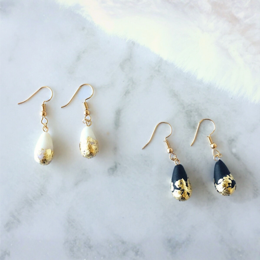 Handmade Black Gold Leaf Polymer Clay Teardrop Dangle Earrings