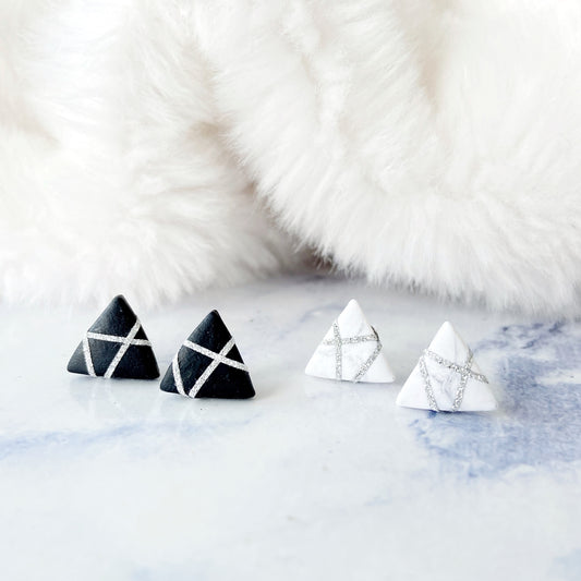 Marble White Polymer Clay Triangle Stud Earrings with Golden Glitter Line Design