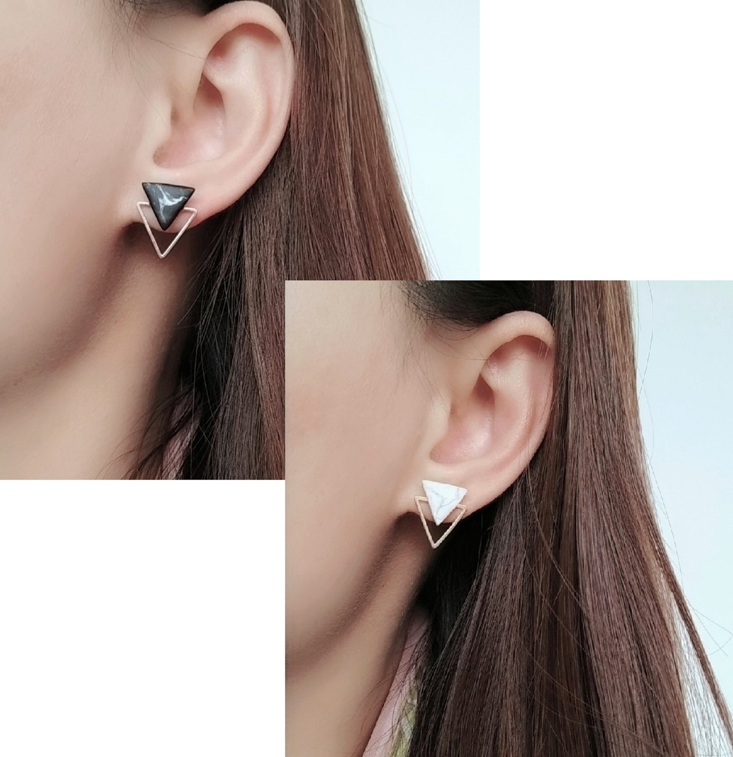 Glitter Pearl & Gold Triangle Dual-Layer Stud Earrings – Geometric Minimalist Collection
