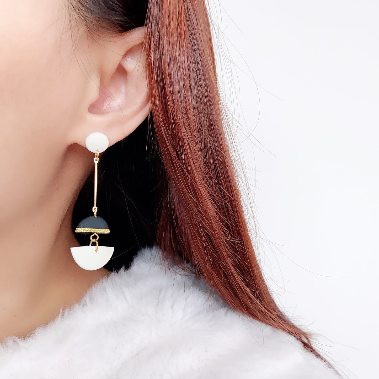 Black & White Geometric Dual Arc Earrings - White