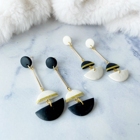 Black & White Geometric Dual Arc Earrings - White