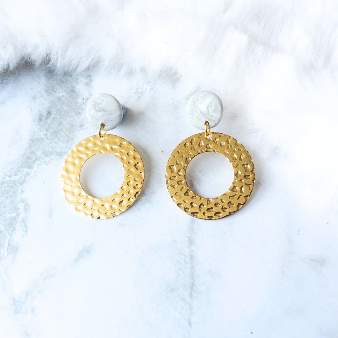 Gold Textured Circle Earrings with Marble Clay Studs