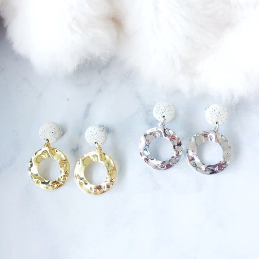Silver Textured Metal Circle Earrings with Speckled Clay Earrings