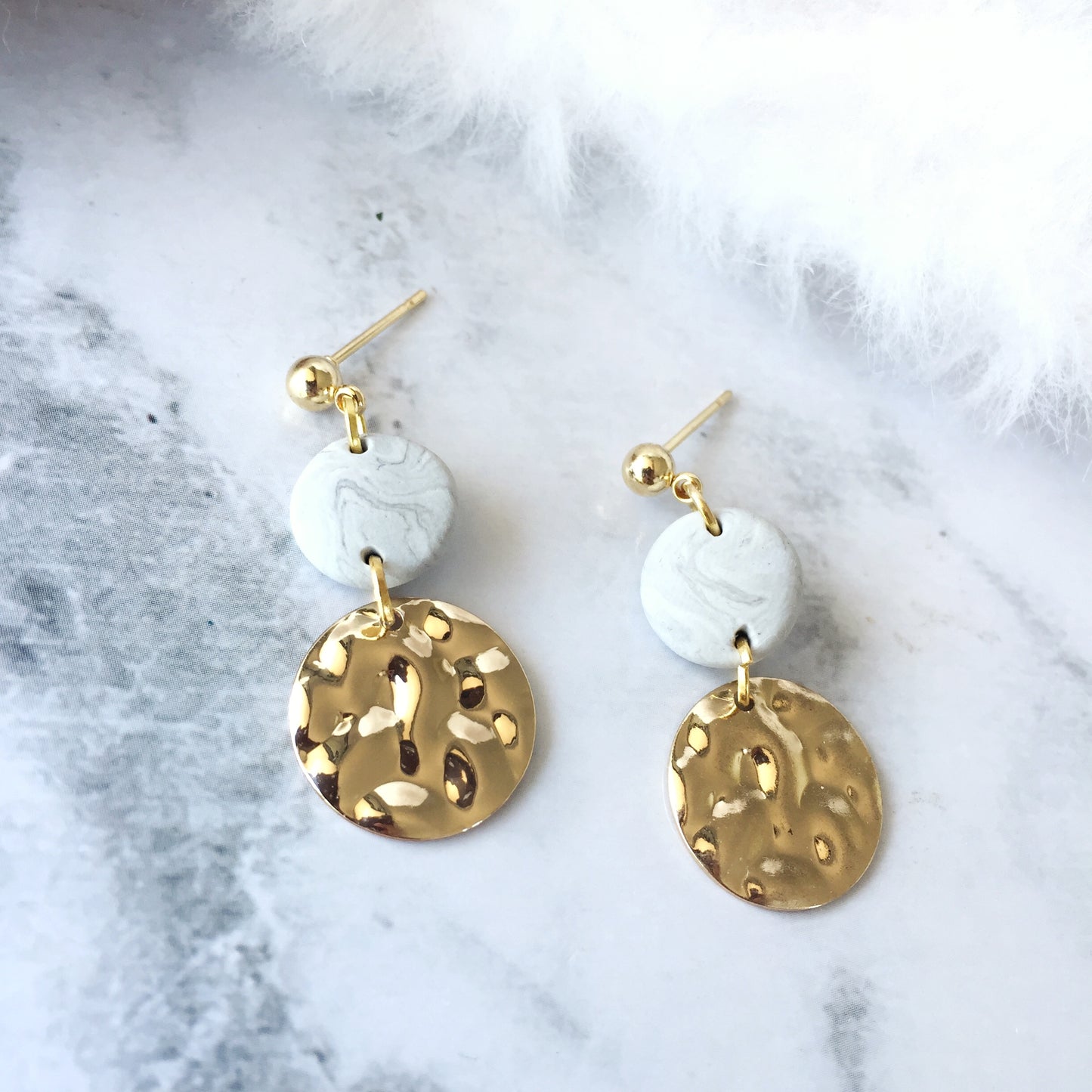 Marble Clay and Textured Gold Disc Earrings