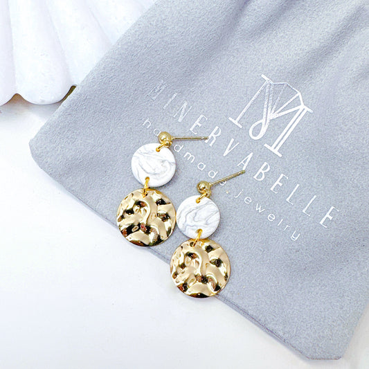 Marble Clay and Textured Gold Disc Earrings