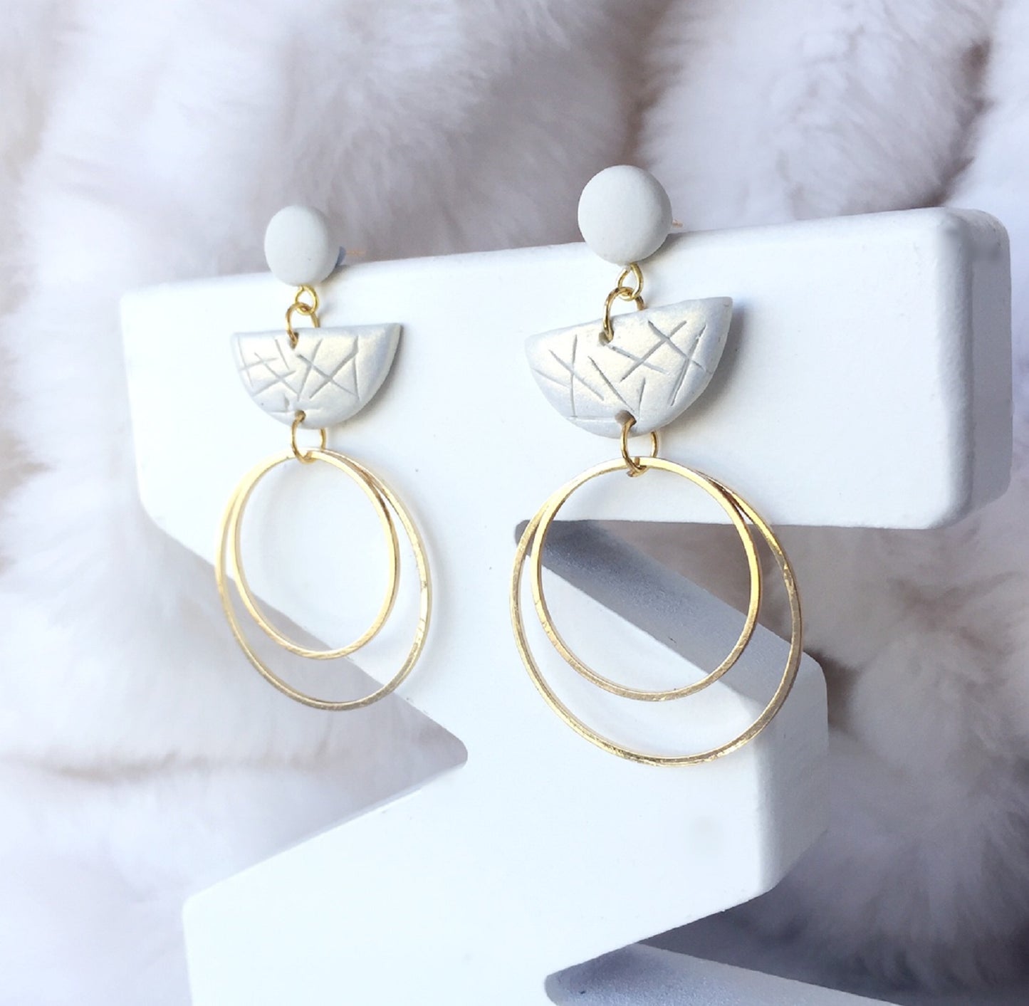 Silver Half-Moon Double Hoop Polymer Clay Earrings