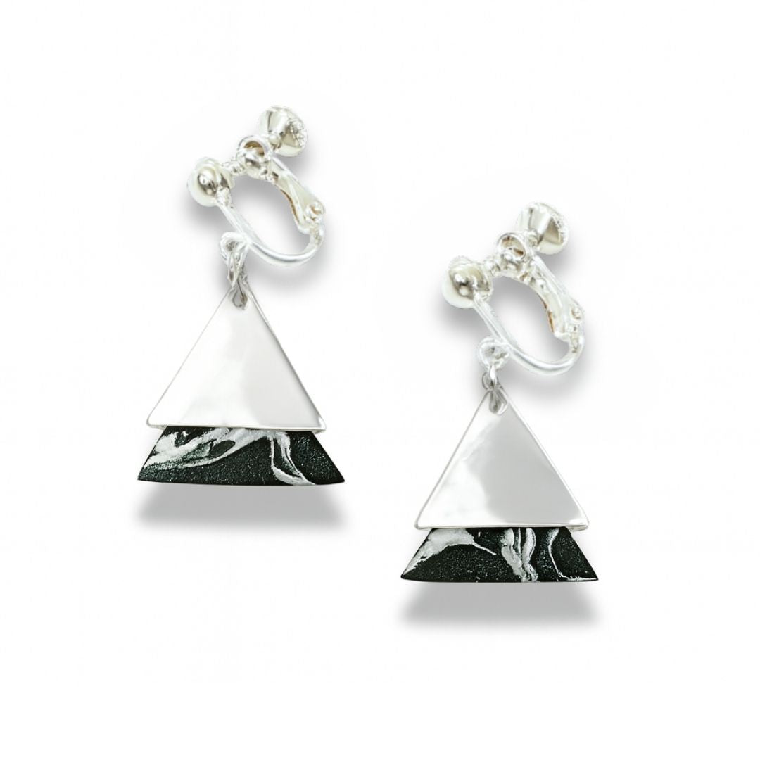 Black Marble With Silver Dual Triangle Polymer Clay Earrings
