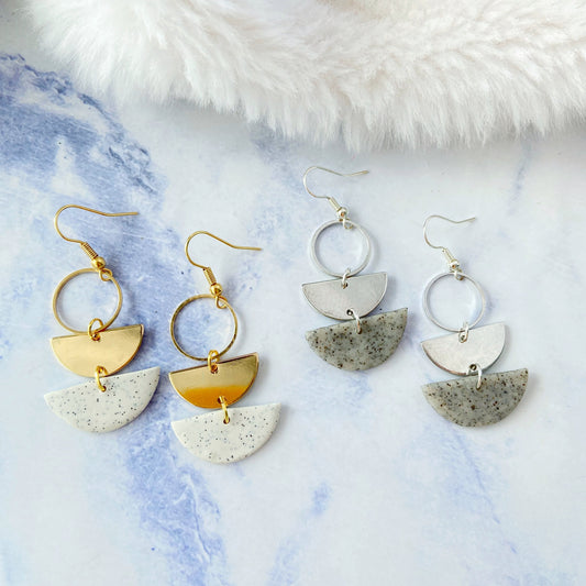 Silver Grey Stone Polymer Clay Layered Semi-Circle Dangle Earrings