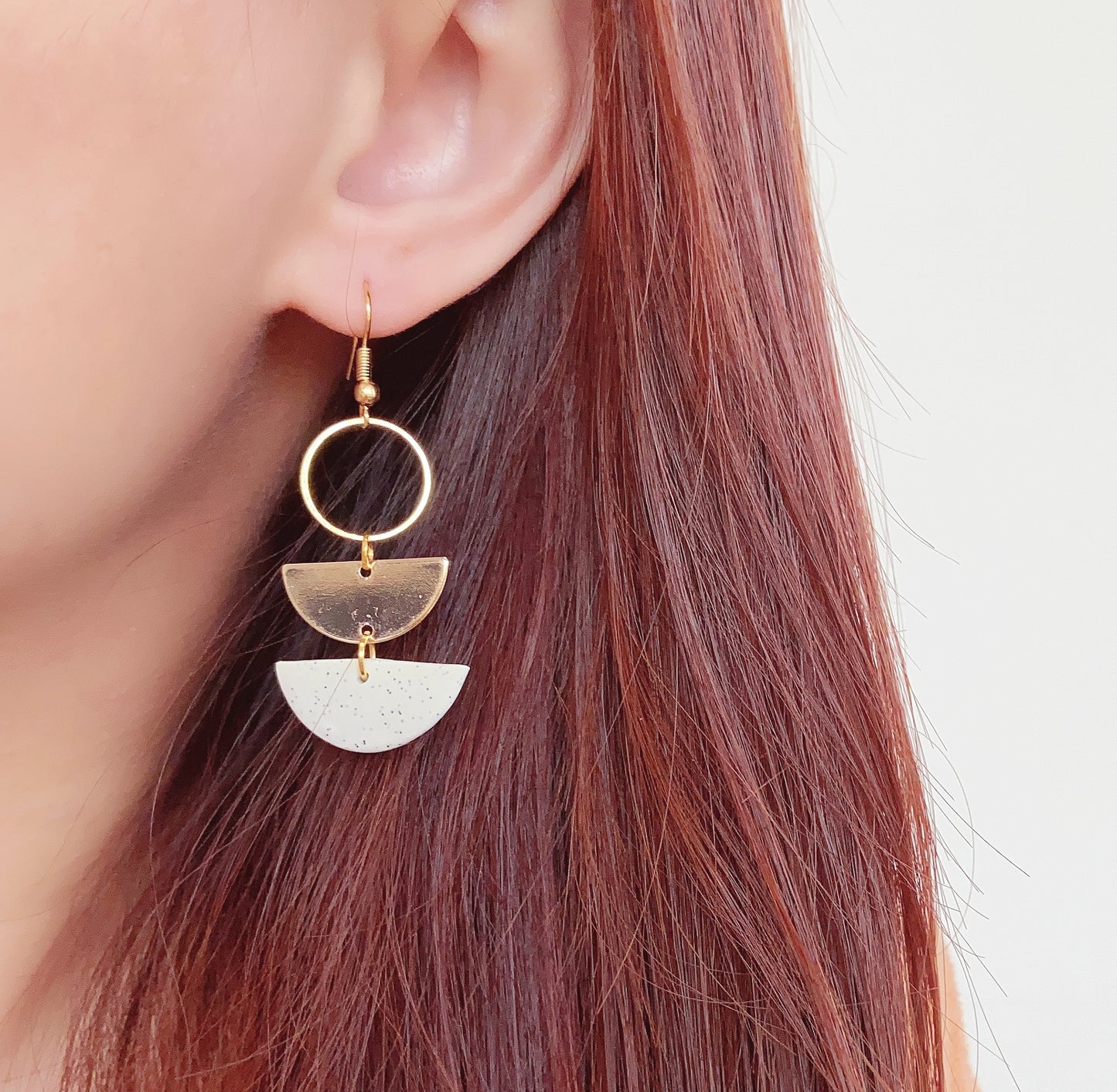 Golden White Stone Polymer Clay Layered Semi-Circle Dangle Earrings