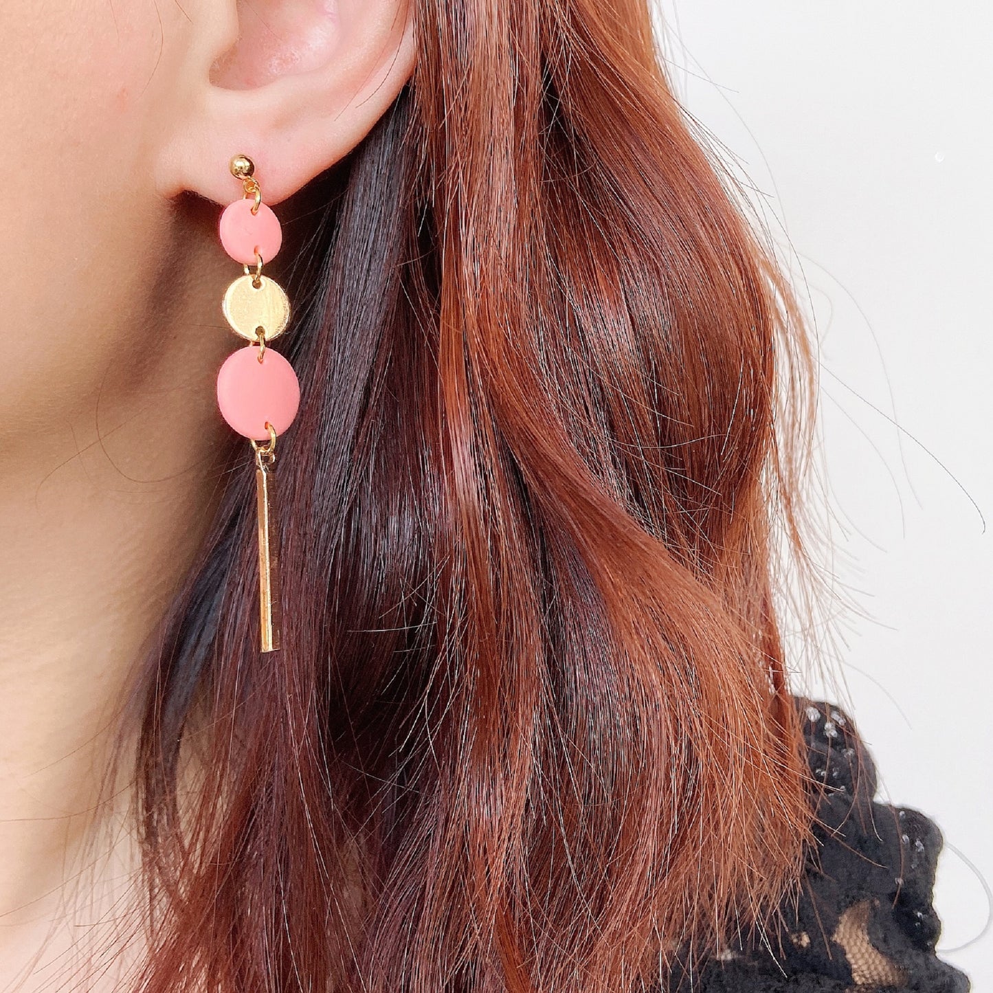 Gold and Pink Triple Circle Bar Dangle Earrings