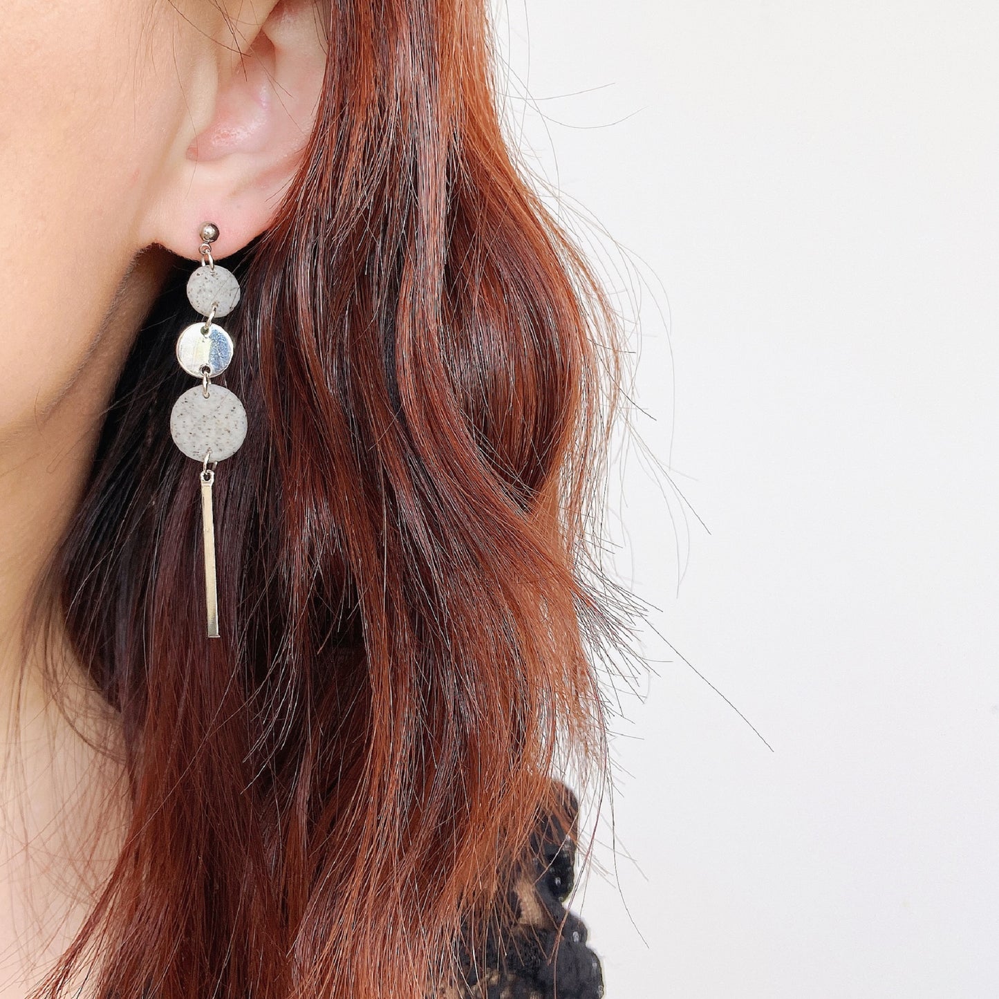 Silver and Grey Stone Triple Circle Bar Dangle Earrings