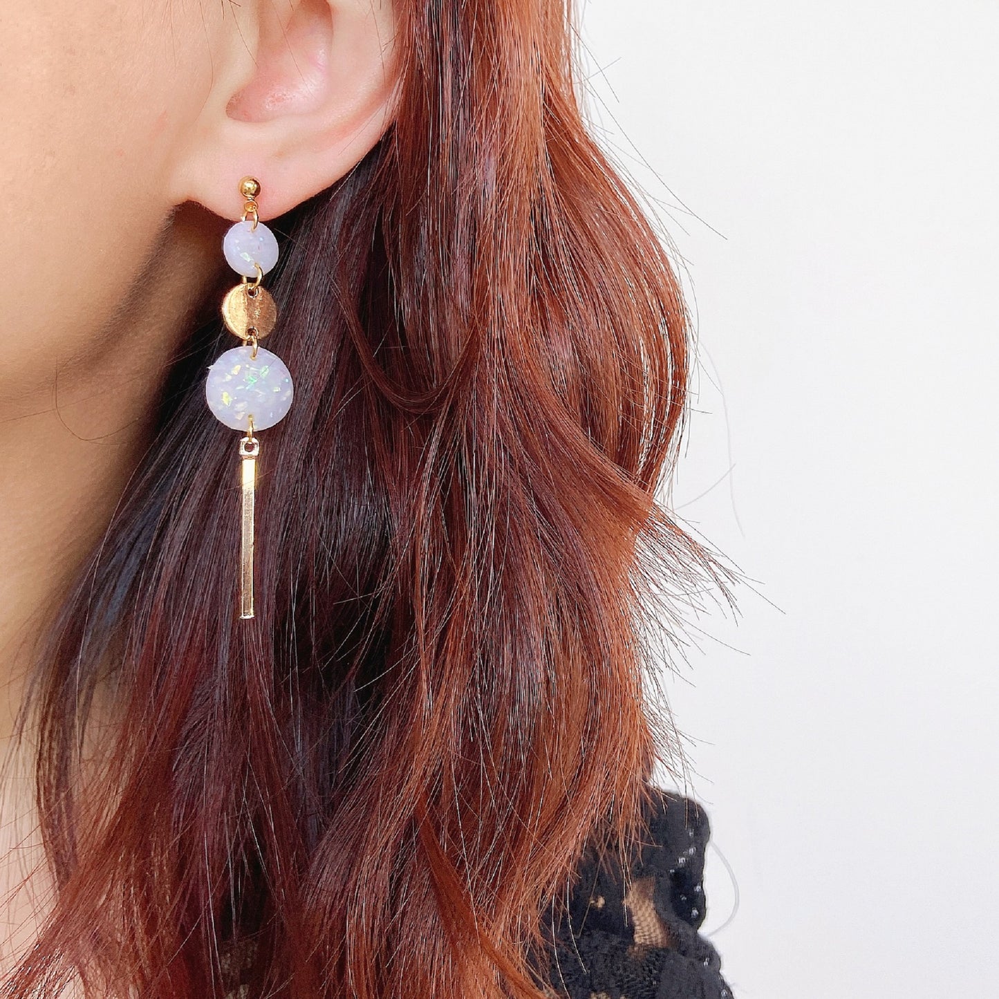 Gold and Glitter Pearl Triple Circle Bar Dangle Earrings