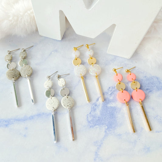 Gold and Glitter Pearl Triple Circle Bar Dangle Earrings