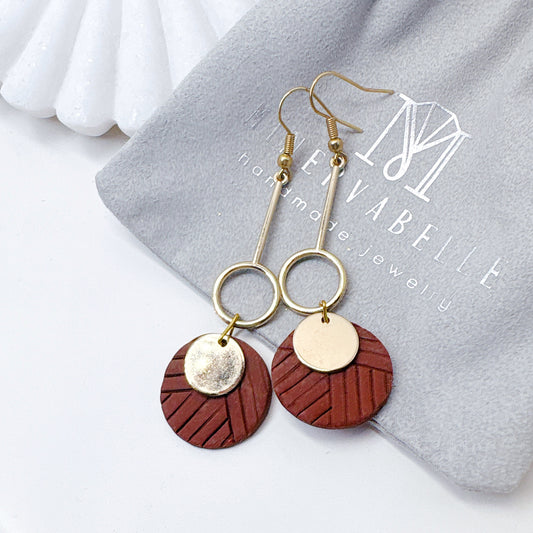 Handmade Clay Textured Disc Dangle Earrings – Gold & Terracotta