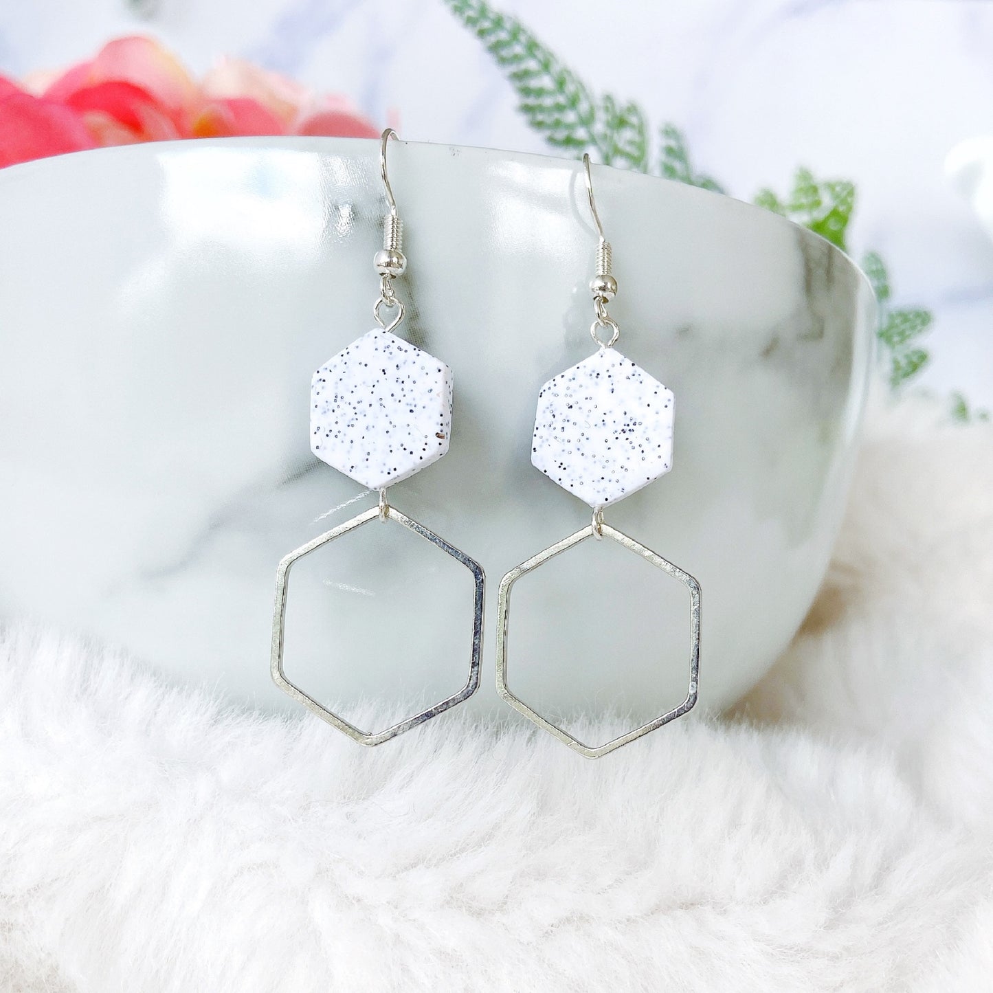 Speckled Hexagon Polymer Clay Earrings with Golden Metal Frame