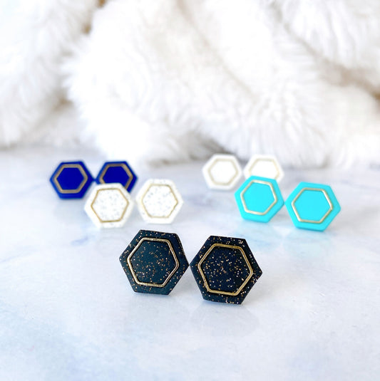 Royal Blue Hexagon Stud Earrings – Metallic Accent Collection