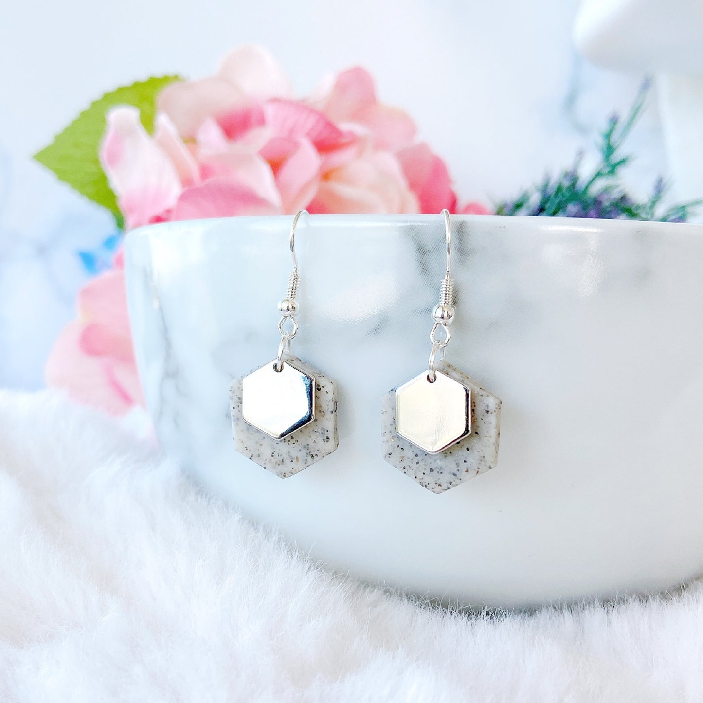 Gold Minimalist Hexagon Polymer Clay Dangle Earrings