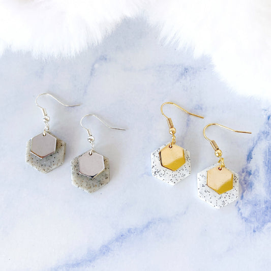 Gold Minimalist Hexagon Polymer Clay Dangle Earrings