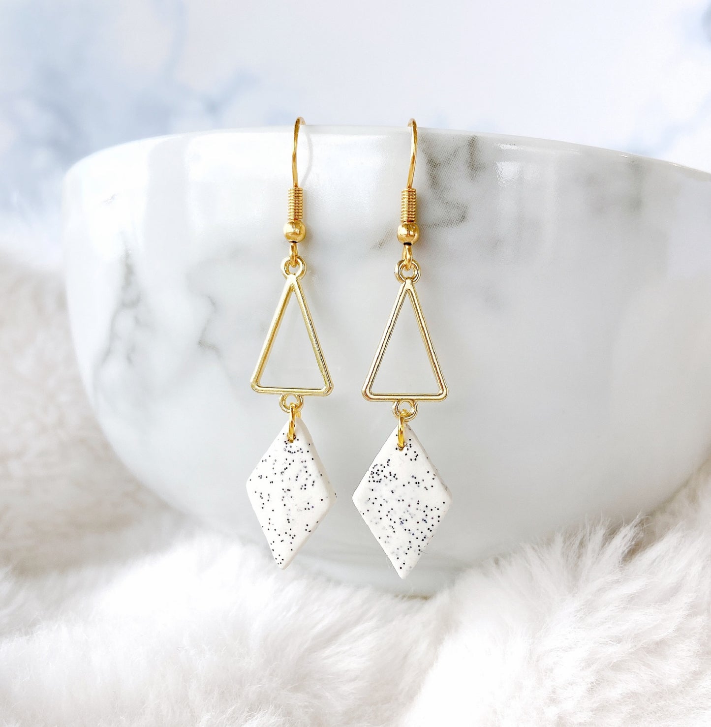 Glitter Black Polymer Clay with Golden Geometric Triangle Dangle Earrings