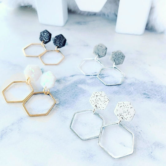 Grey Stone and Silver Hexagon Double Drop Earrings – Minimalist Geometric Collection