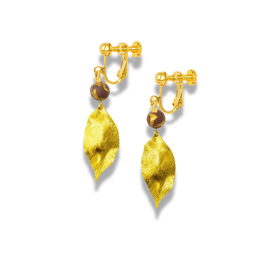 Gold Leaf Drop Earrings with Marble Clay Beads
