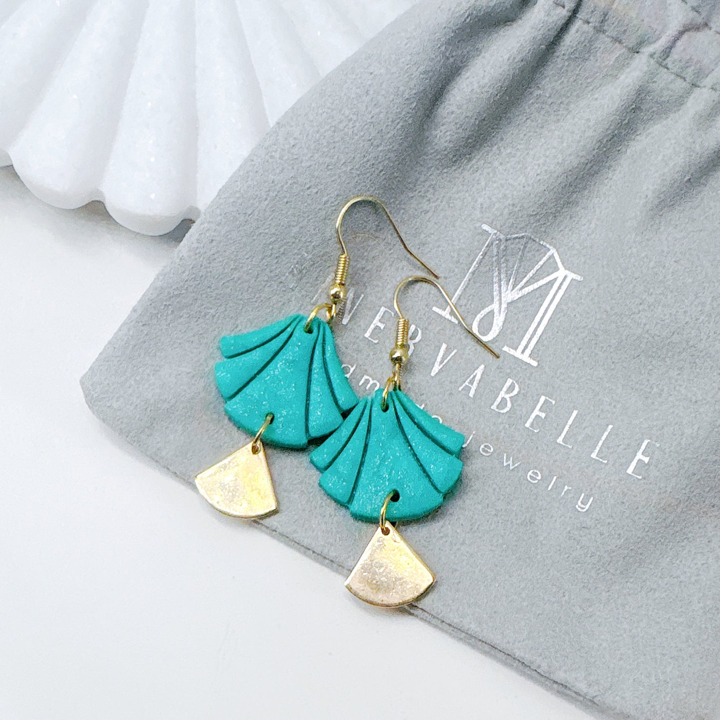 Pearl Pink Handmade Polymer Clay Fan Earrings with Polished Gold Metal Accent