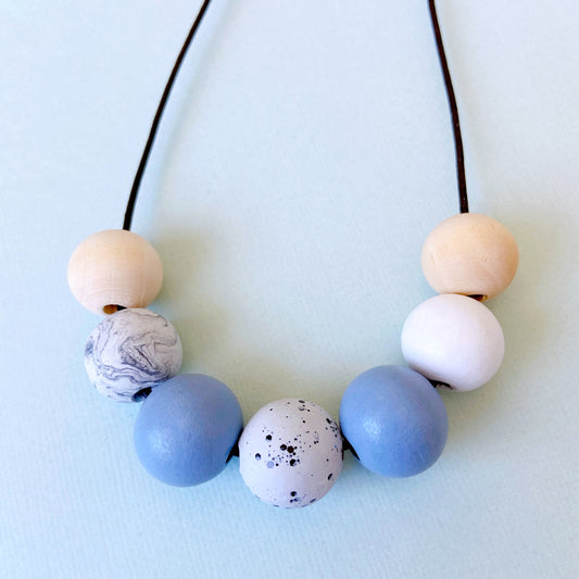 Blue & Marble Polymer Clay and Wood Bead Necklace – Handmade Minimalist Statement Jewelry