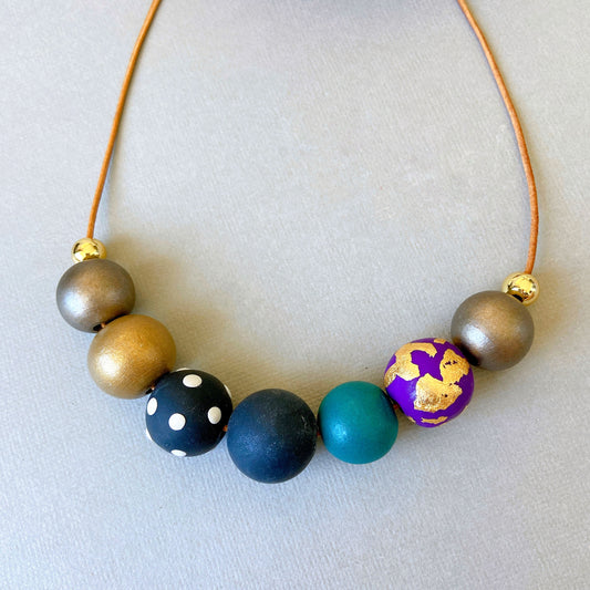 Gold Leaf & Polka Dot Polymer Clay and Wood Bead Necklace – Bold Handmade Statement Jewelry