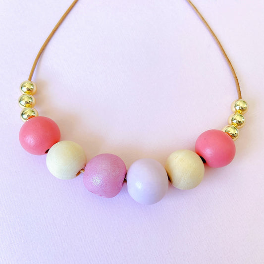 Pink & Gold Polymer Clay and Wood Bead Necklace – Handmade Pastel Statement Jewelry