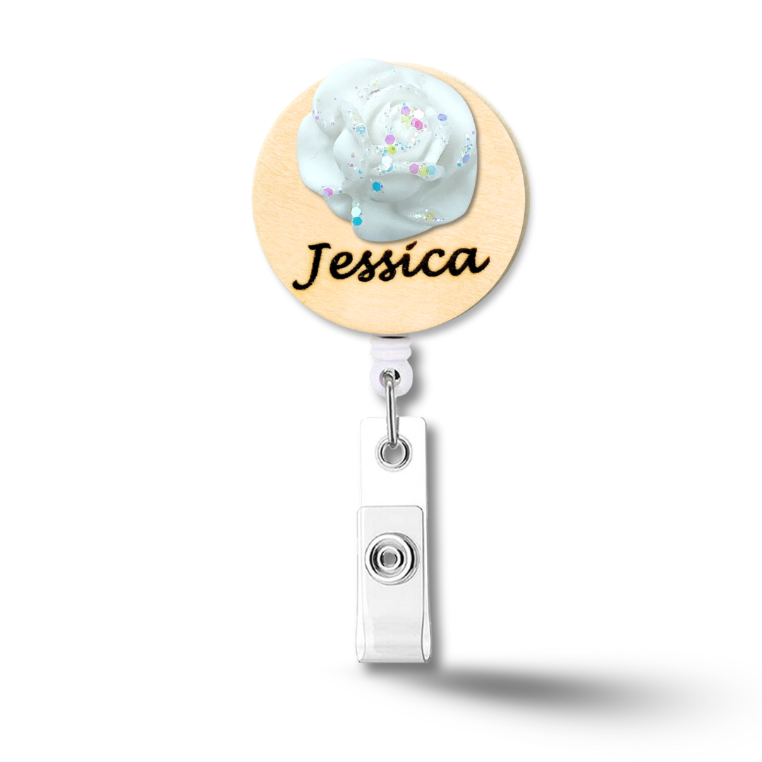 3D Glitted Peach Rose Personalized Name Badge Reel