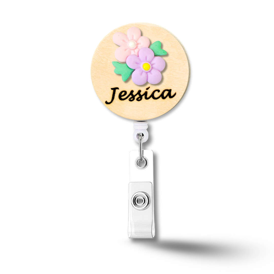 3D Blue & Pink Flower Bouquet Personalized Name Badge Reel