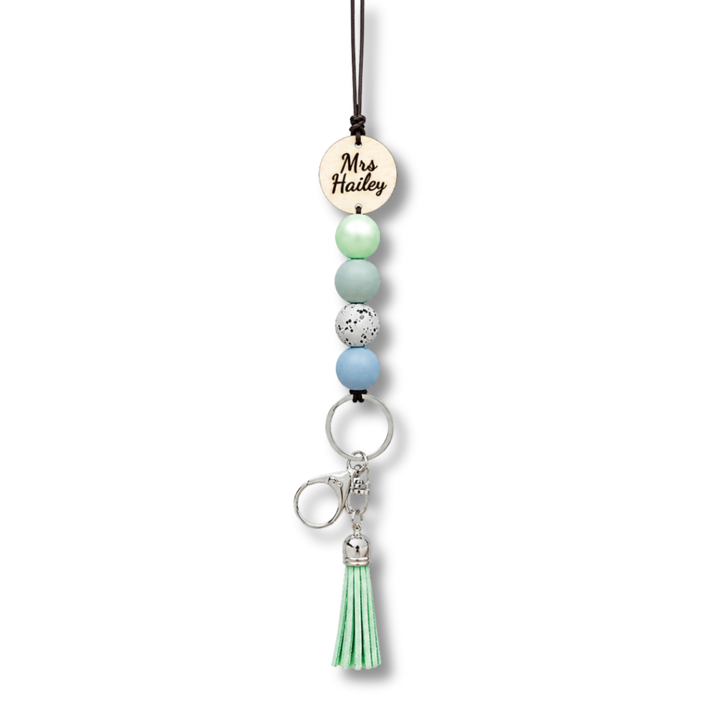 Purple and Green Personalised Polymer Clay and Wood Bead Lanyard with Tassel