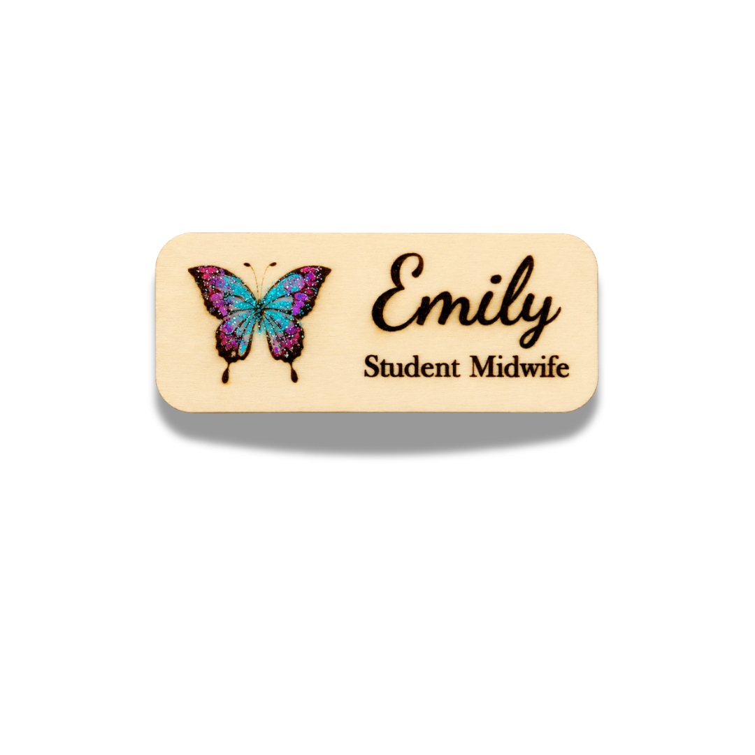 Personalized Butterfly Name Badge – Custom Wooden Name Tag for Nurses, Teachers & Staff