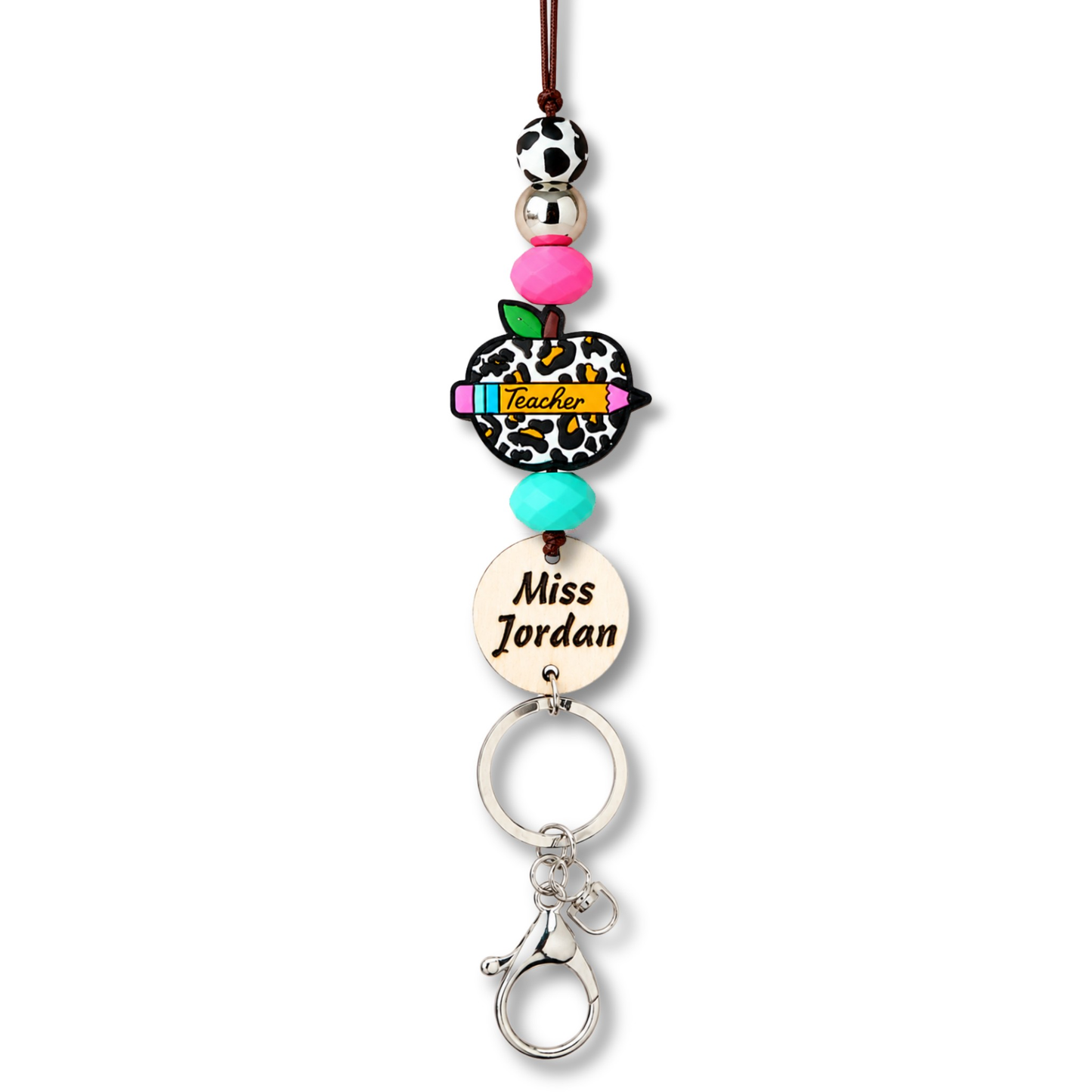 Leopard Print Apple Personalized Name Teacher ID Key Teacher Lanyard