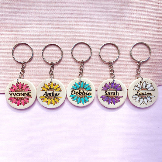 Personalized Flower Keychain with Glitter Petals & Name Engraving