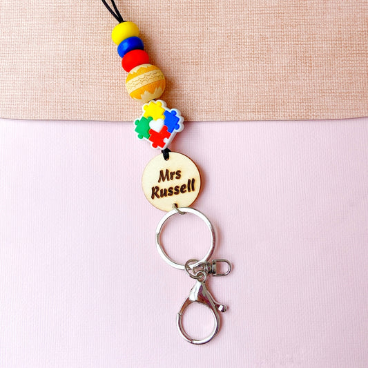 Autism Support Specialist Teacher Beaded Name Teacher ID Key Lanyard